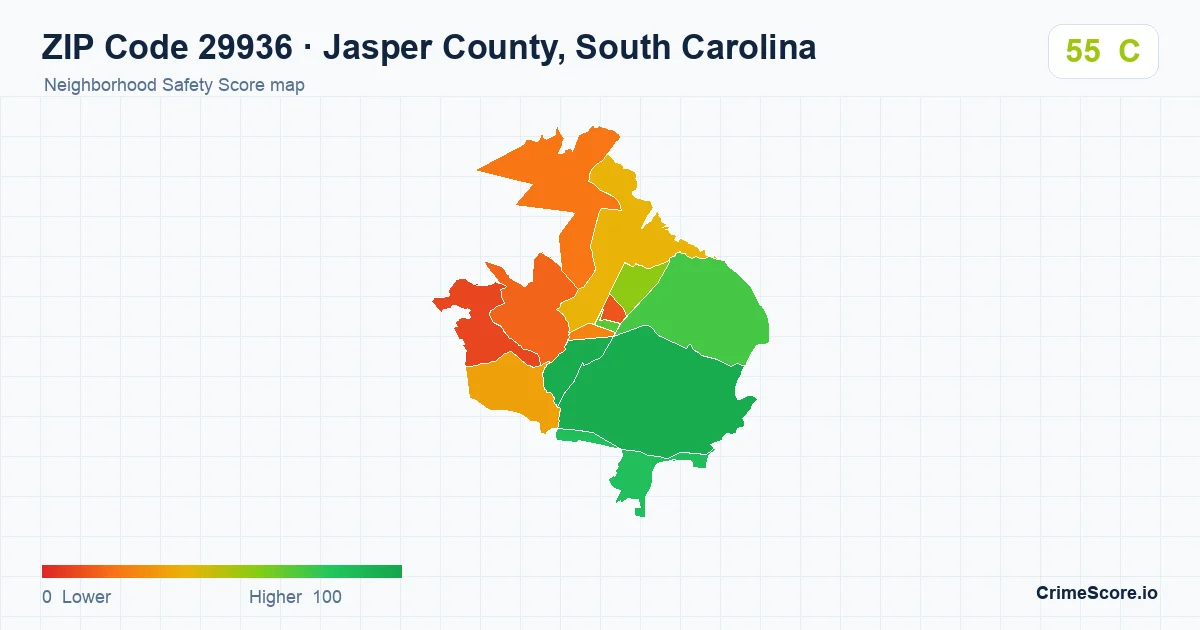 ZIP Code 29936 in Jasper County, South Carolina neighborhood Safety Score map