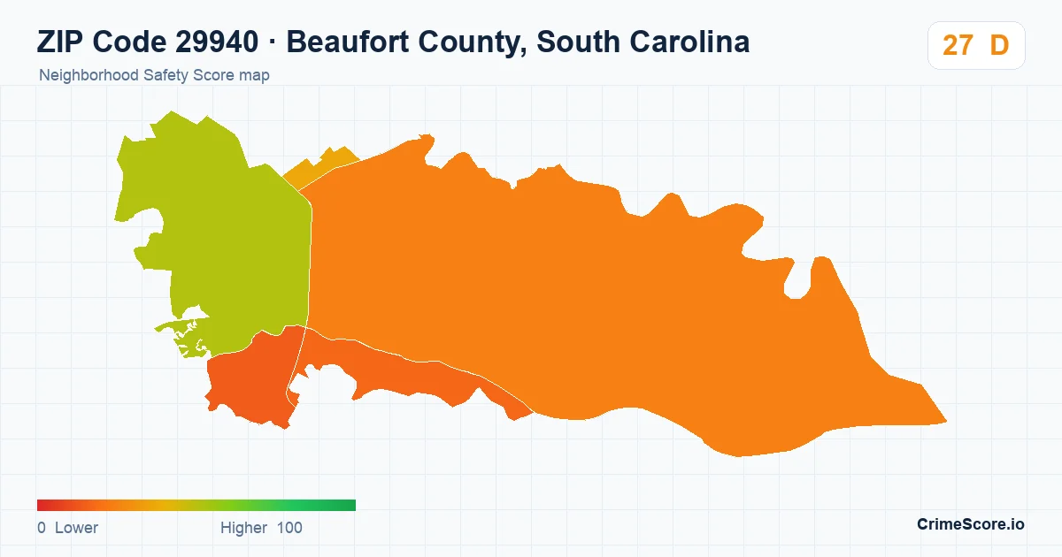 ZIP Code 29940 in Beaufort County, South Carolina neighborhood Safety Score map