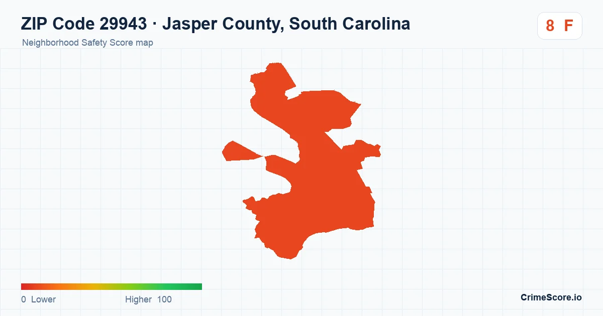 ZIP Code 29943 in Jasper County, South Carolina neighborhood Safety Score map