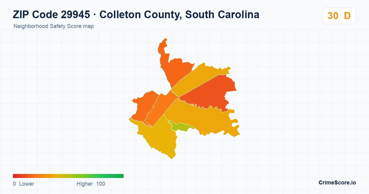 ZIP Code 29945 in Colleton County, South Carolina neighborhood Safety Score map