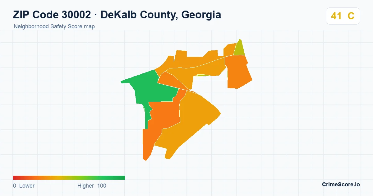 ZIP Code 30002 in DeKalb County, Georgia neighborhood Safety Score map