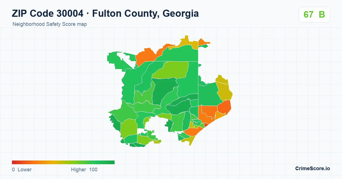 ZIP Code 30004 in Fulton County, Georgia neighborhood Safety Score map