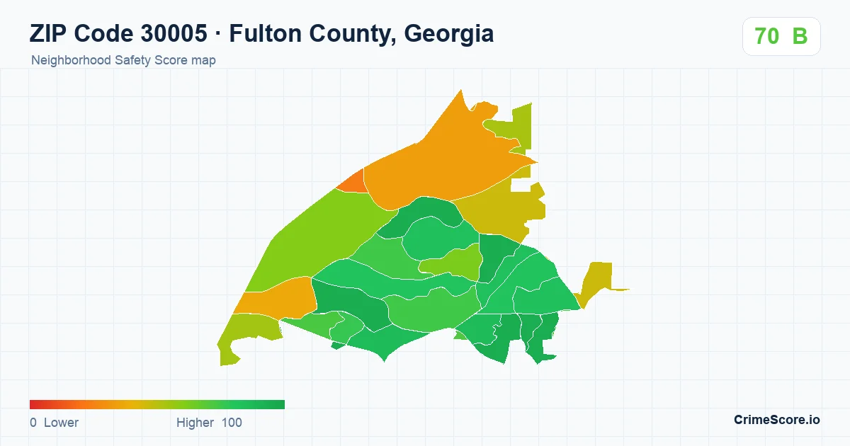 ZIP Code 30005 in Fulton County, Georgia neighborhood Safety Score map