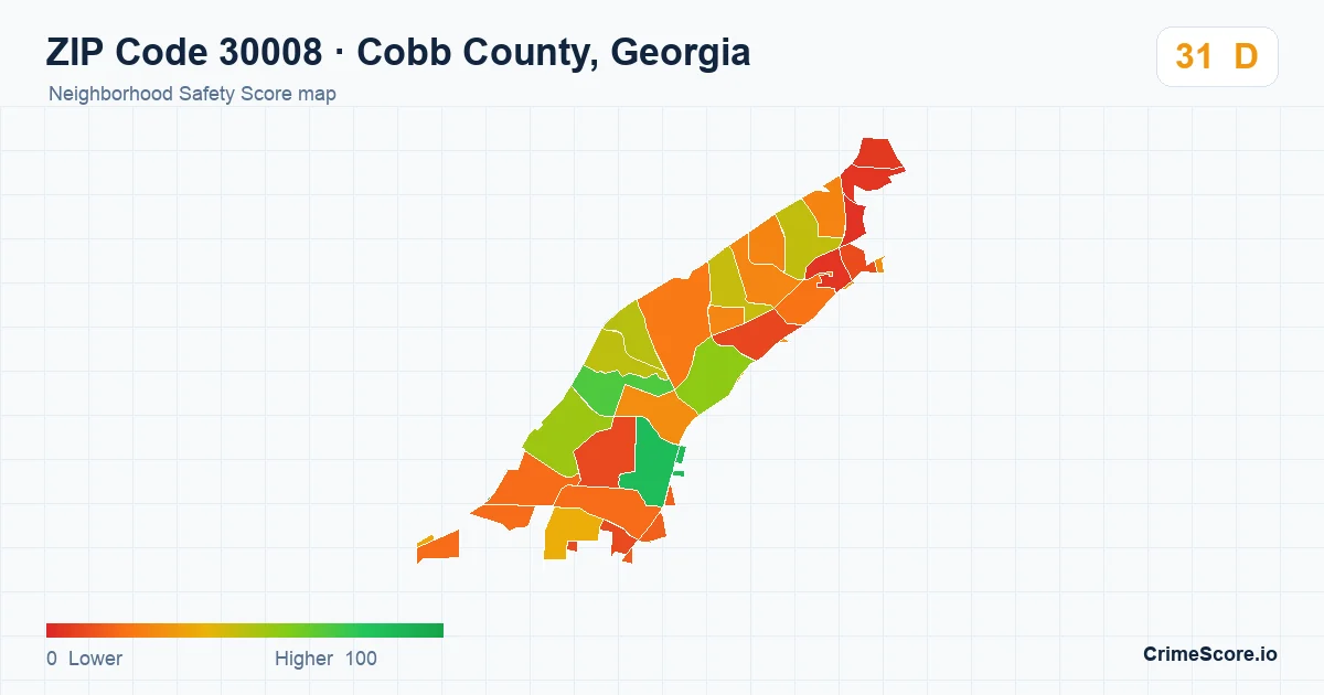 ZIP Code 30008 in Cobb County, Georgia neighborhood Safety Score map