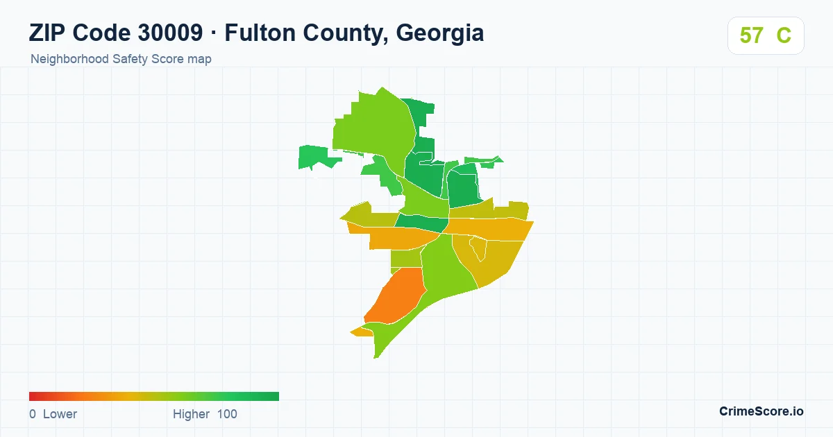 ZIP Code 30009 in Fulton County, Georgia neighborhood Safety Score map