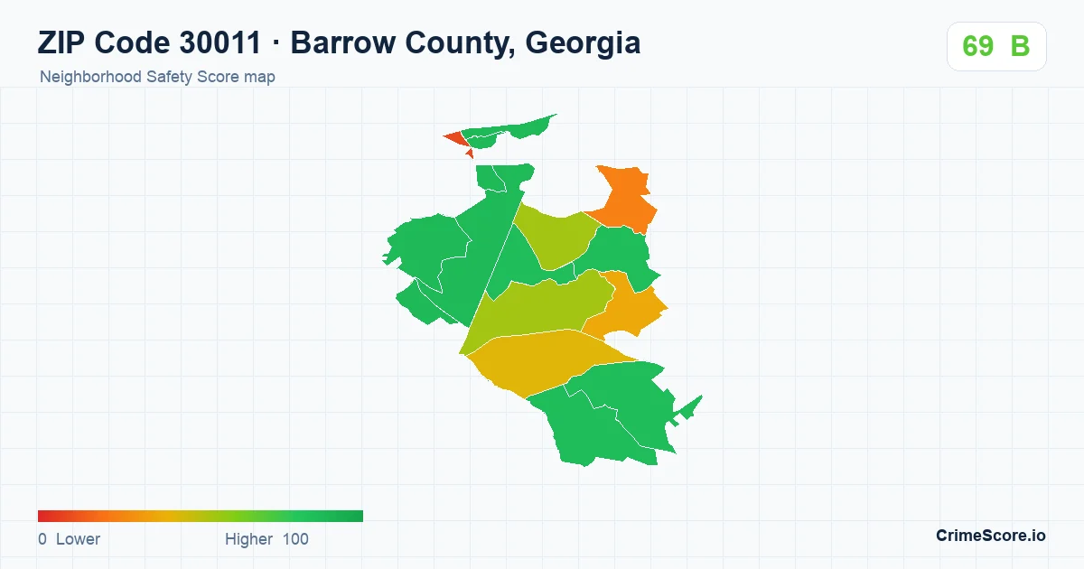 ZIP Code 30011 in Barrow County, Georgia neighborhood Safety Score map