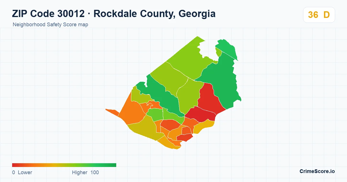 ZIP Code 30012 in Rockdale County, Georgia neighborhood Safety Score map