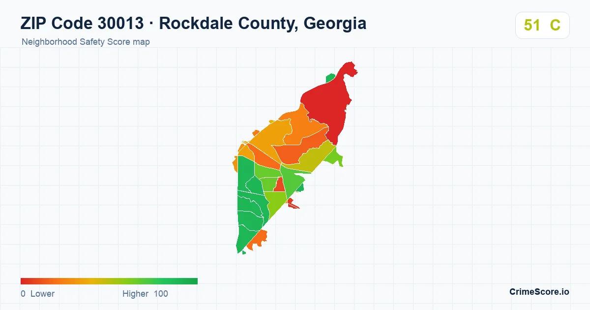 ZIP Code 30013 in Rockdale County, Georgia neighborhood Safety Score map