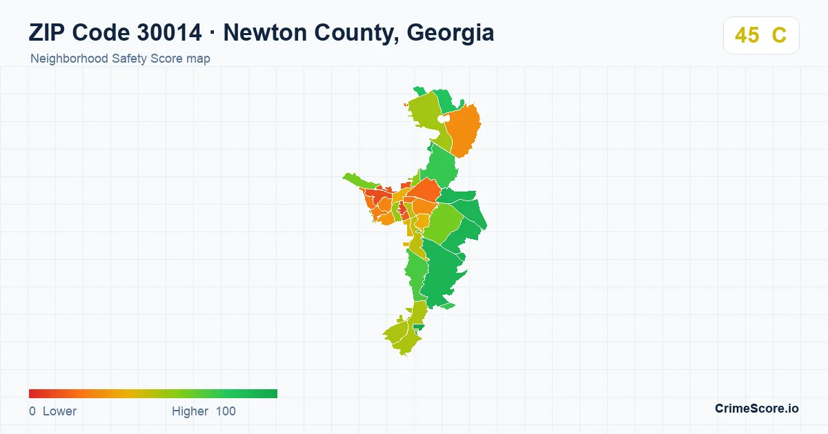 ZIP Code 30014 in Newton County, Georgia neighborhood Safety Score map