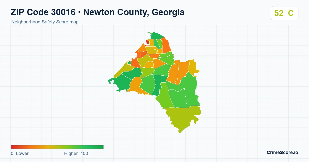 ZIP Code 30016 in Newton County, Georgia neighborhood Safety Score map