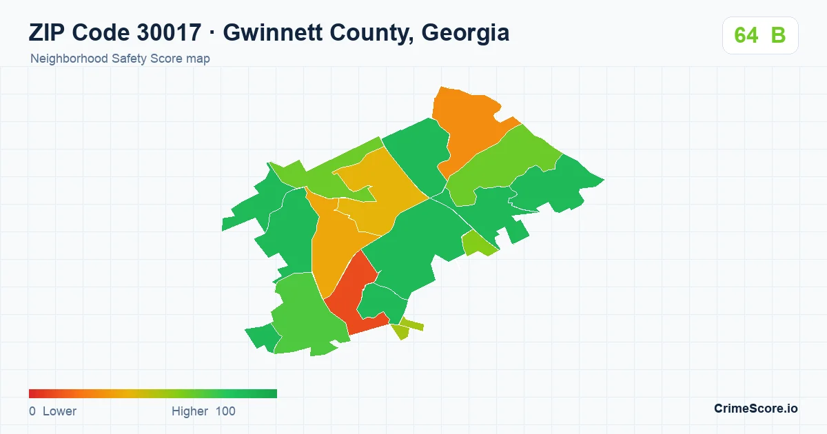 ZIP Code 30017 in Gwinnett County, Georgia neighborhood Safety Score map