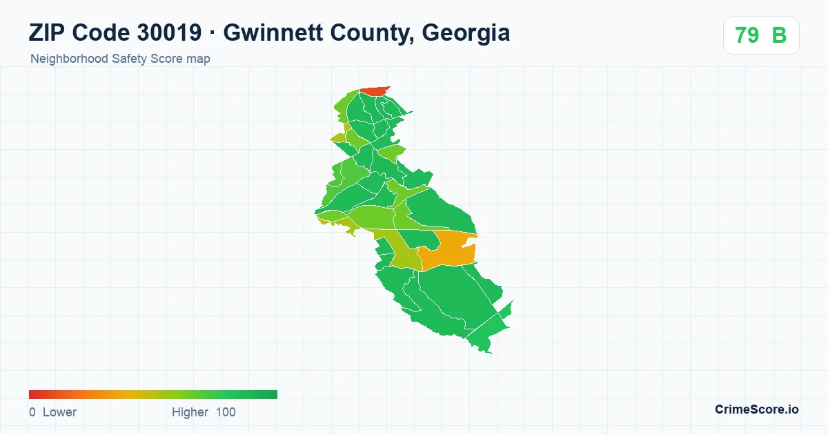ZIP Code 30019 in Gwinnett County, Georgia neighborhood Safety Score map