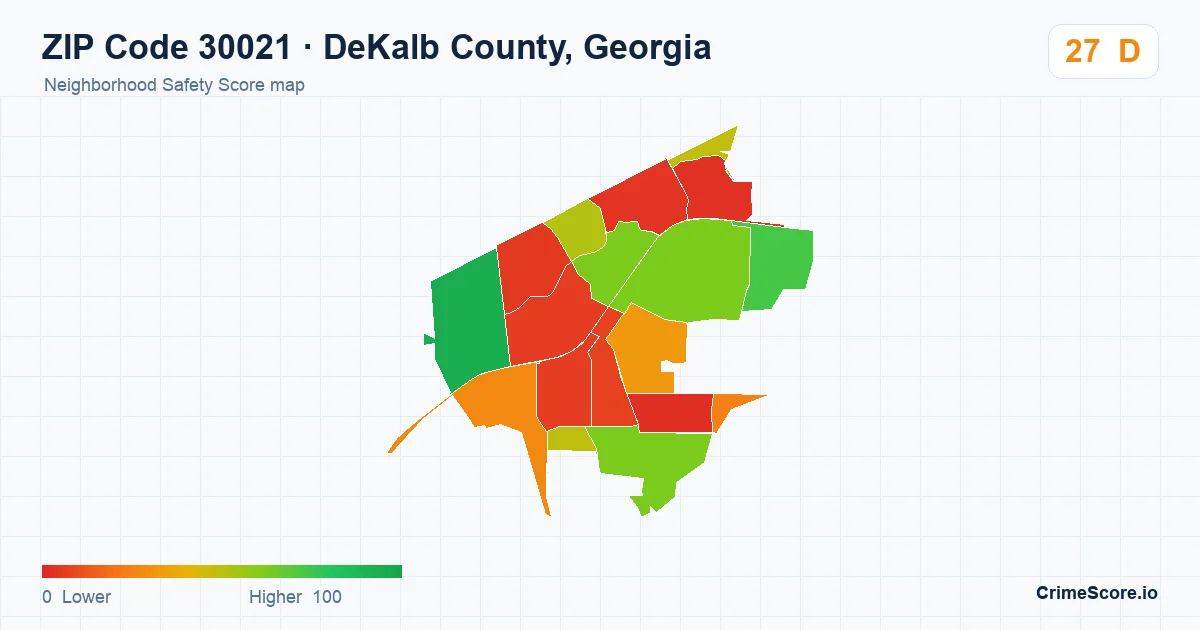 ZIP Code 30021 in DeKalb County, Georgia neighborhood Safety Score map