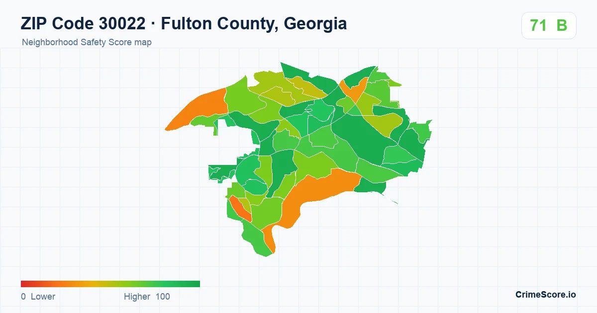 ZIP Code 30022 in Fulton County, Georgia neighborhood Safety Score map
