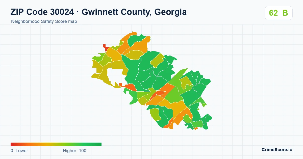 ZIP Code 30024 in Gwinnett County, Georgia neighborhood Safety Score map
