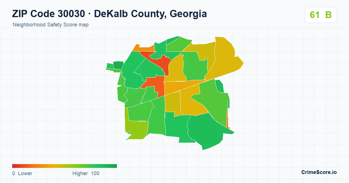 ZIP Code 30030 in DeKalb County, Georgia neighborhood Safety Score map