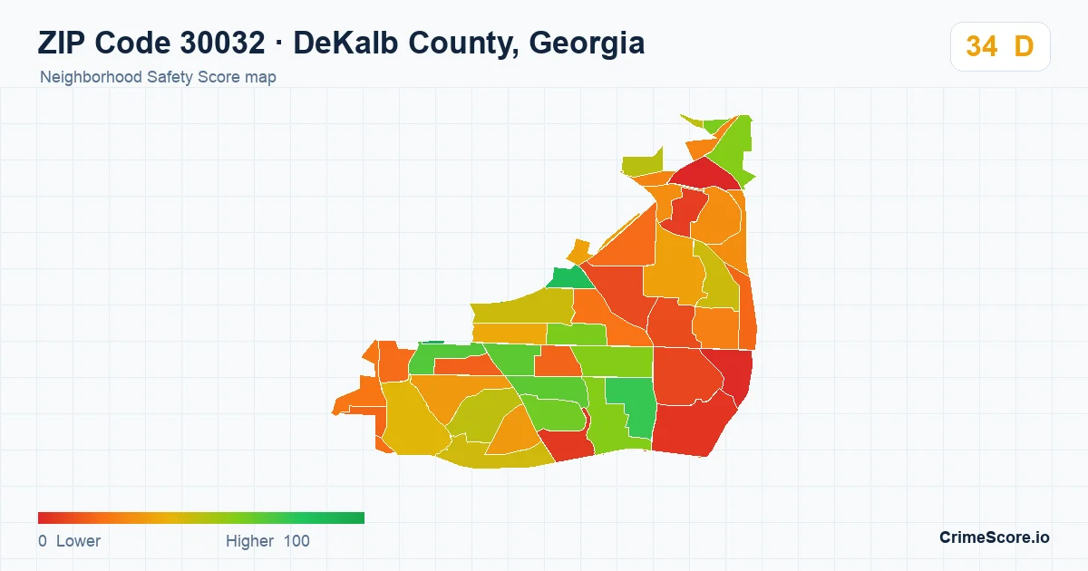 ZIP Code 30032 in DeKalb County, Georgia neighborhood Safety Score map