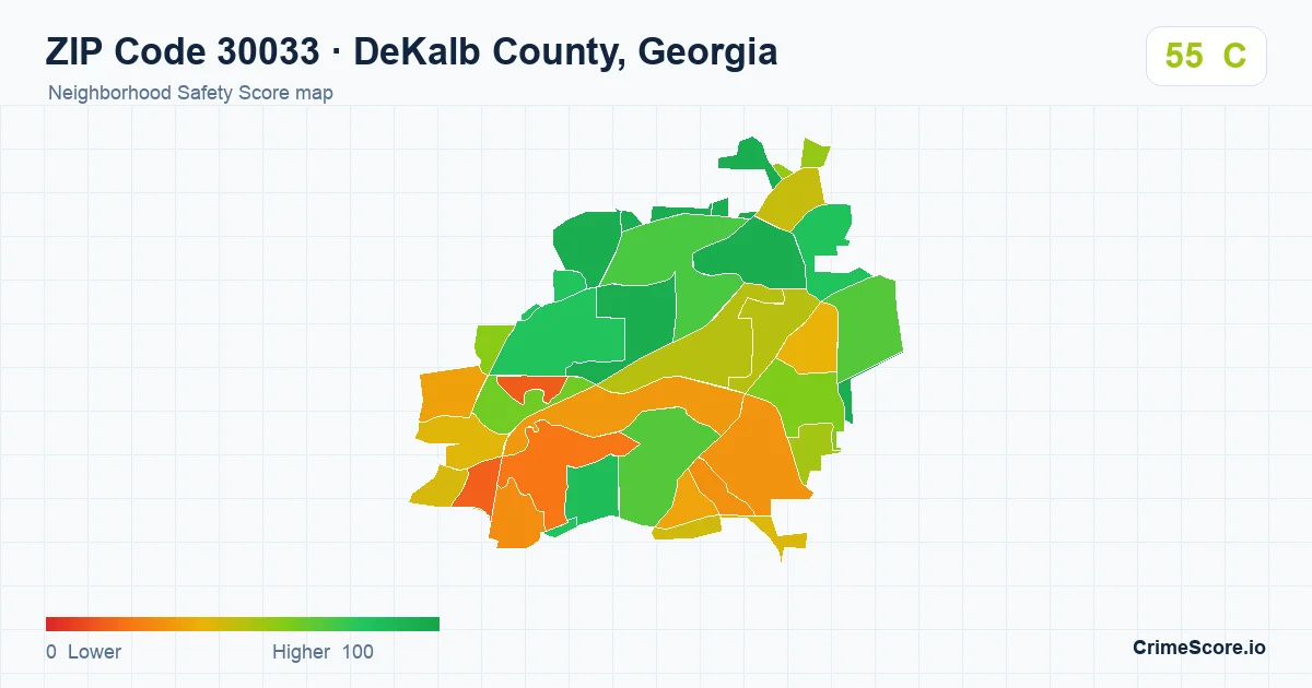 ZIP Code 30033 in DeKalb County, Georgia neighborhood Safety Score map