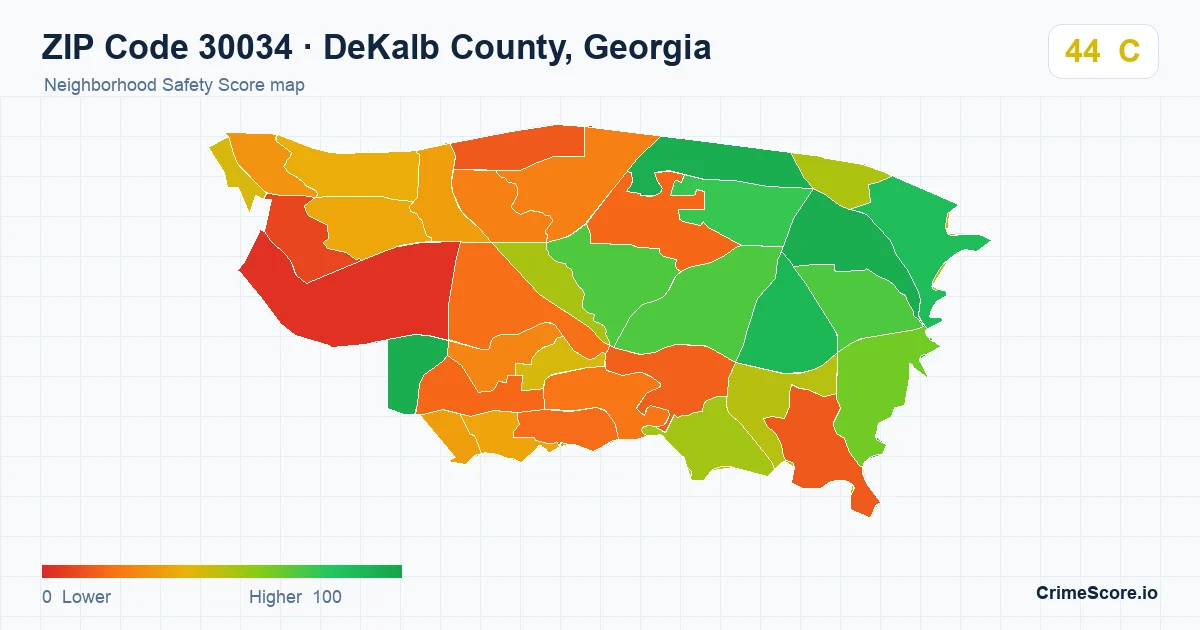ZIP Code 30034 in DeKalb County, Georgia neighborhood Safety Score map