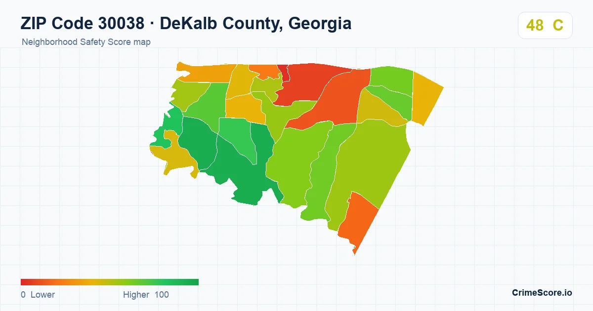 ZIP Code 30038 in DeKalb County, Georgia neighborhood Safety Score map