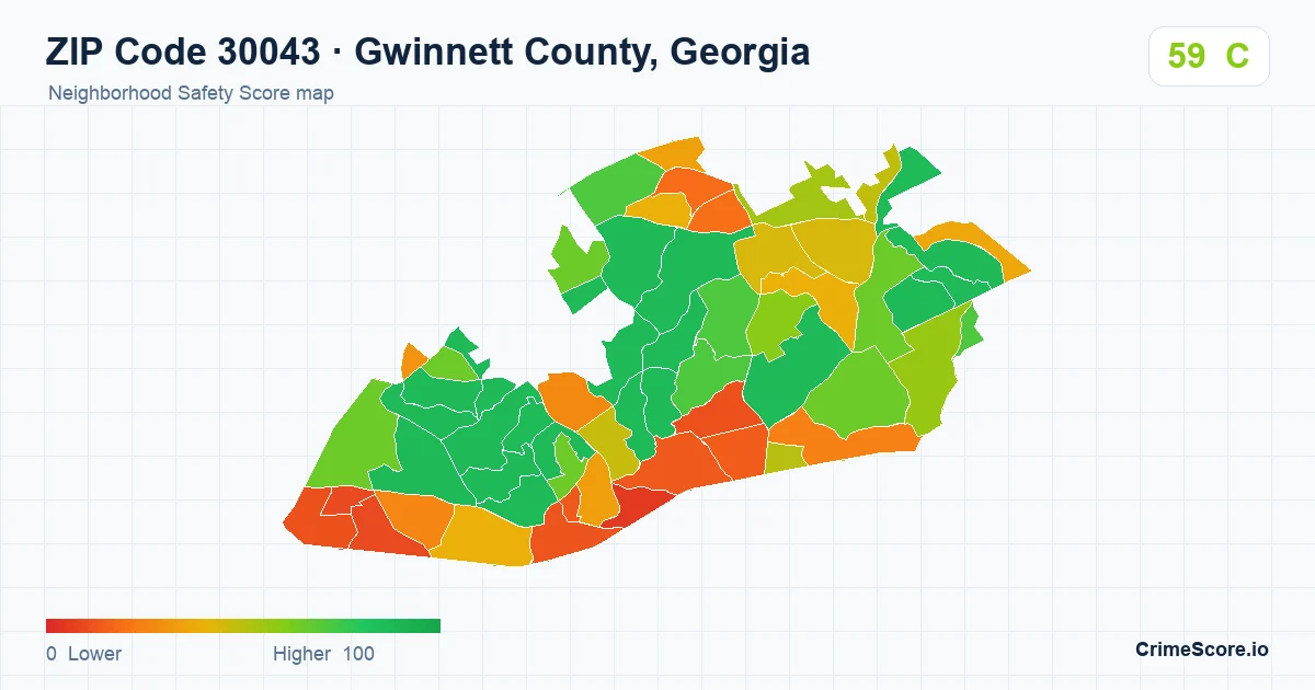 ZIP Code 30043 in Gwinnett County, Georgia neighborhood Safety Score map