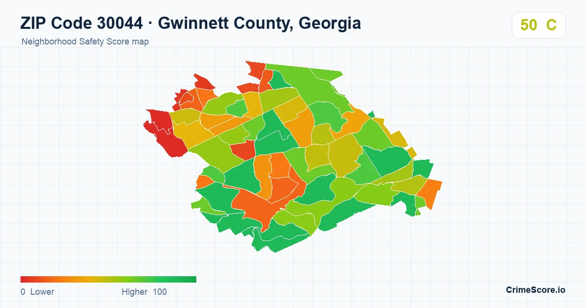ZIP Code 30044 in Gwinnett County, Georgia neighborhood Safety Score map
