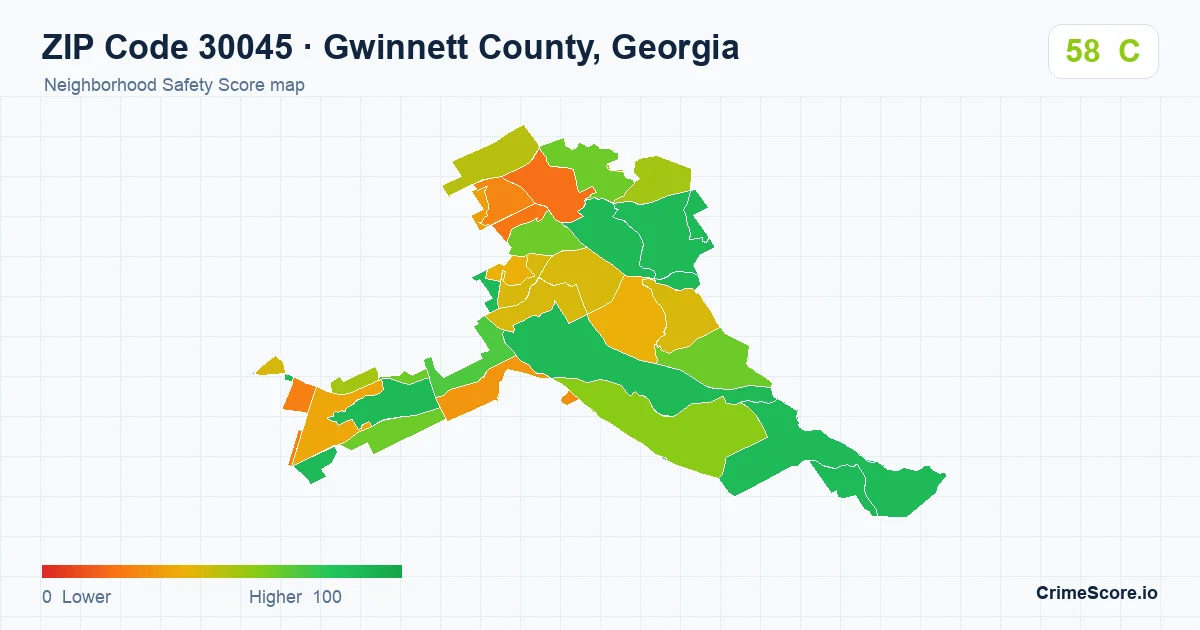 ZIP Code 30045 in Gwinnett County, Georgia neighborhood Safety Score map
