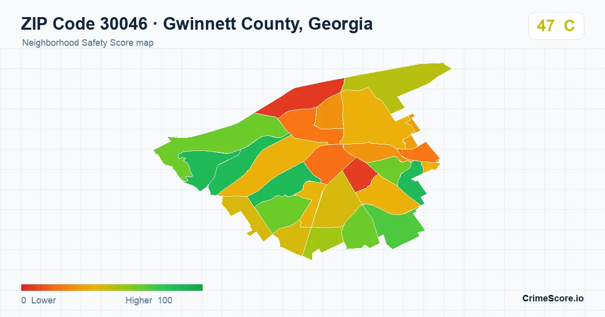 ZIP Code 30046 in Gwinnett County, Georgia neighborhood Safety Score map