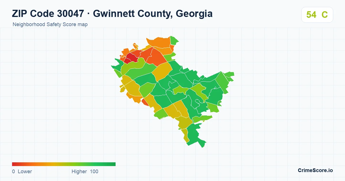 ZIP Code 30047 in Gwinnett County, Georgia neighborhood Safety Score map