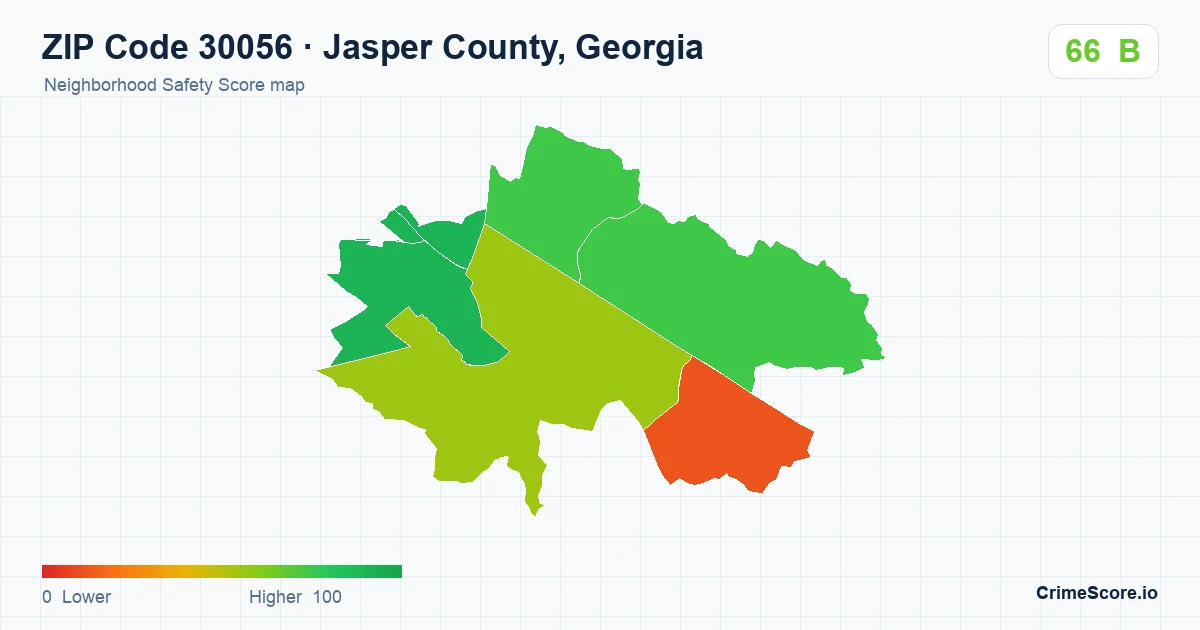 ZIP Code 30056 in Jasper County, Georgia neighborhood Safety Score map