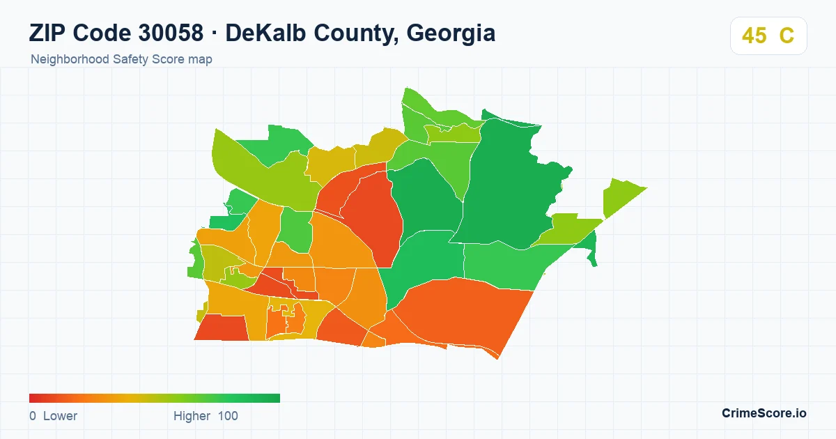 ZIP Code 30058 in DeKalb County, Georgia neighborhood Safety Score map