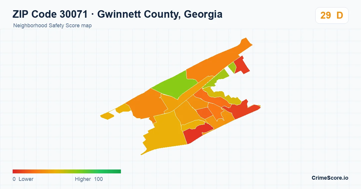 ZIP Code 30071 in Gwinnett County, Georgia neighborhood Safety Score map