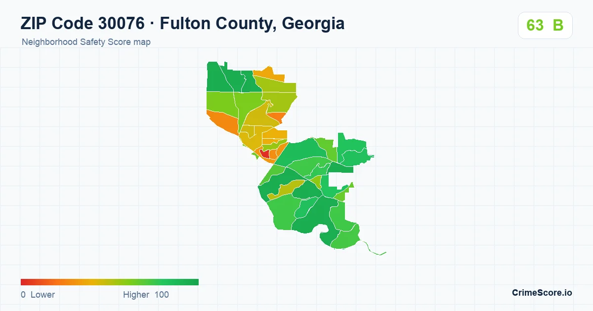 ZIP Code 30076 in Fulton County, Georgia neighborhood Safety Score map