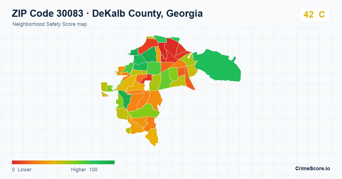 ZIP Code 30083 in DeKalb County, Georgia neighborhood Safety Score map