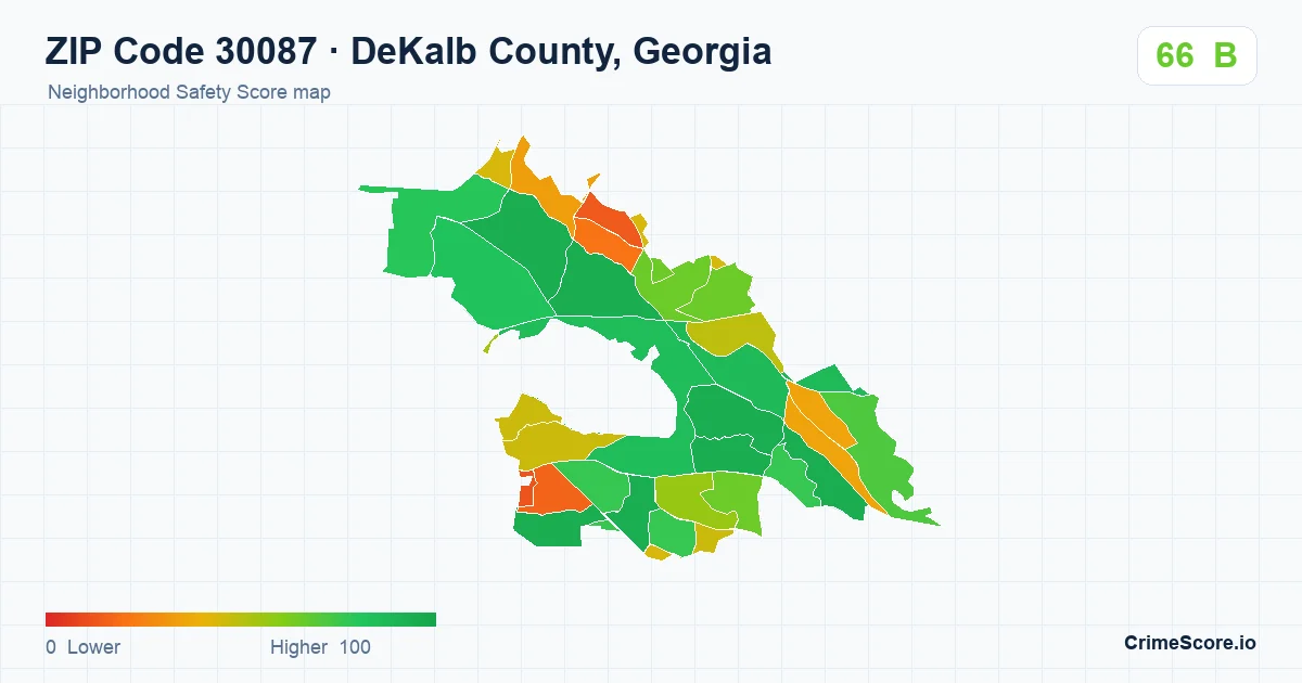 ZIP Code 30087 in DeKalb County, Georgia neighborhood Safety Score map