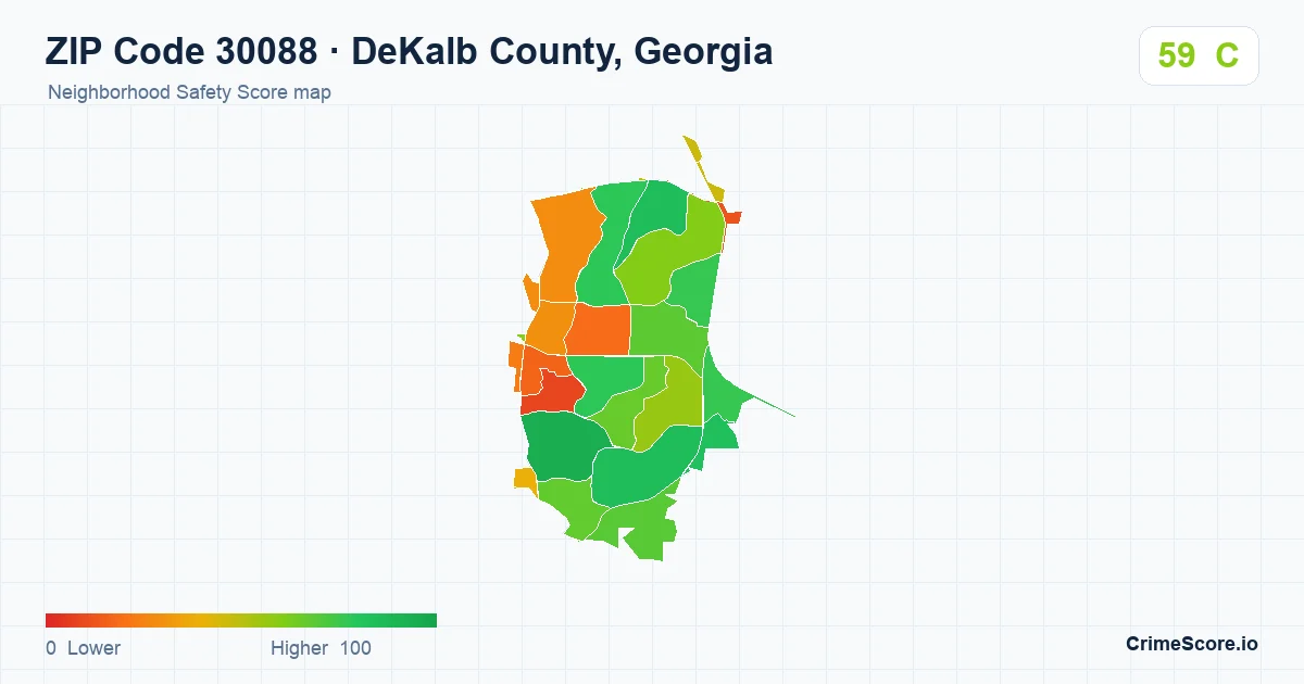 ZIP Code 30088 in DeKalb County, Georgia neighborhood Safety Score map