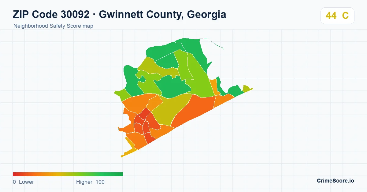 ZIP Code 30092 in Gwinnett County, Georgia neighborhood Safety Score map