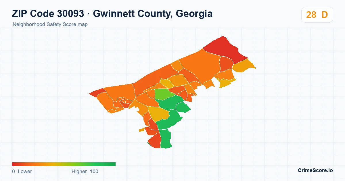 ZIP Code 30093 in Gwinnett County, Georgia neighborhood Safety Score map