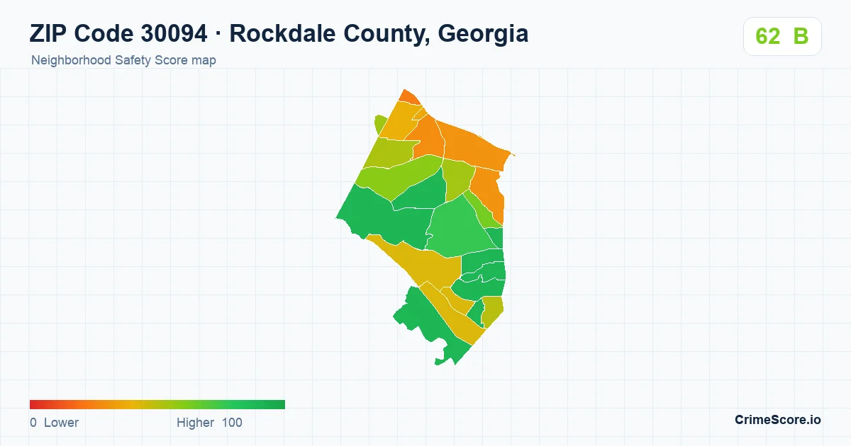 ZIP Code 30094 in Rockdale County, Georgia neighborhood Safety Score map