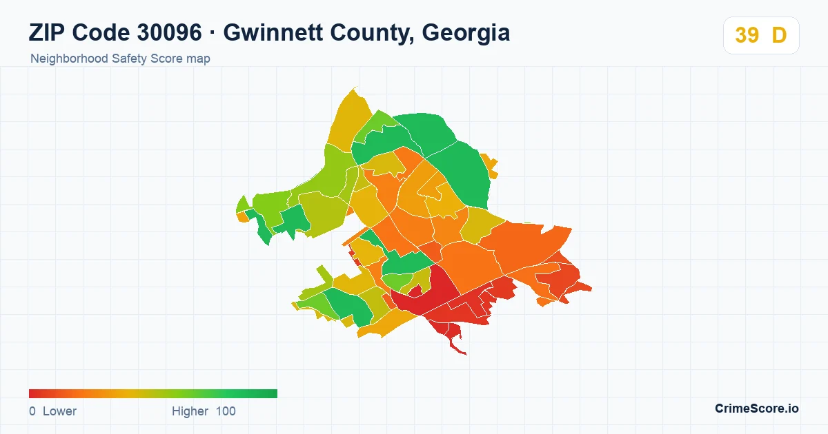ZIP Code 30096 in Gwinnett County, Georgia neighborhood Safety Score map