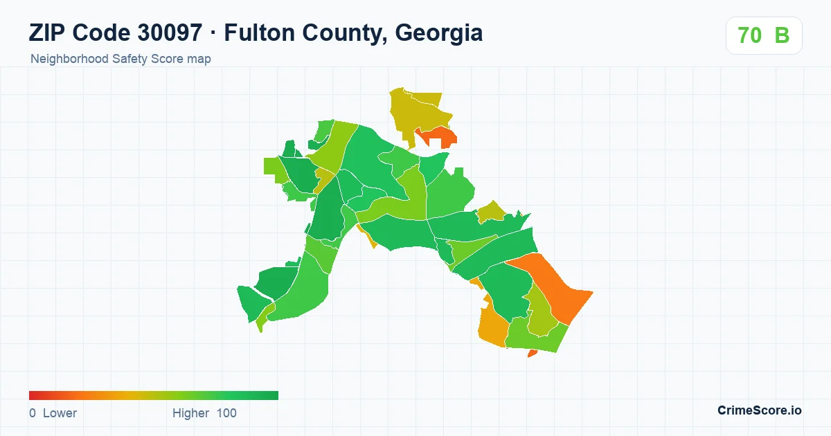 ZIP Code 30097 in Fulton County, Georgia neighborhood Safety Score map