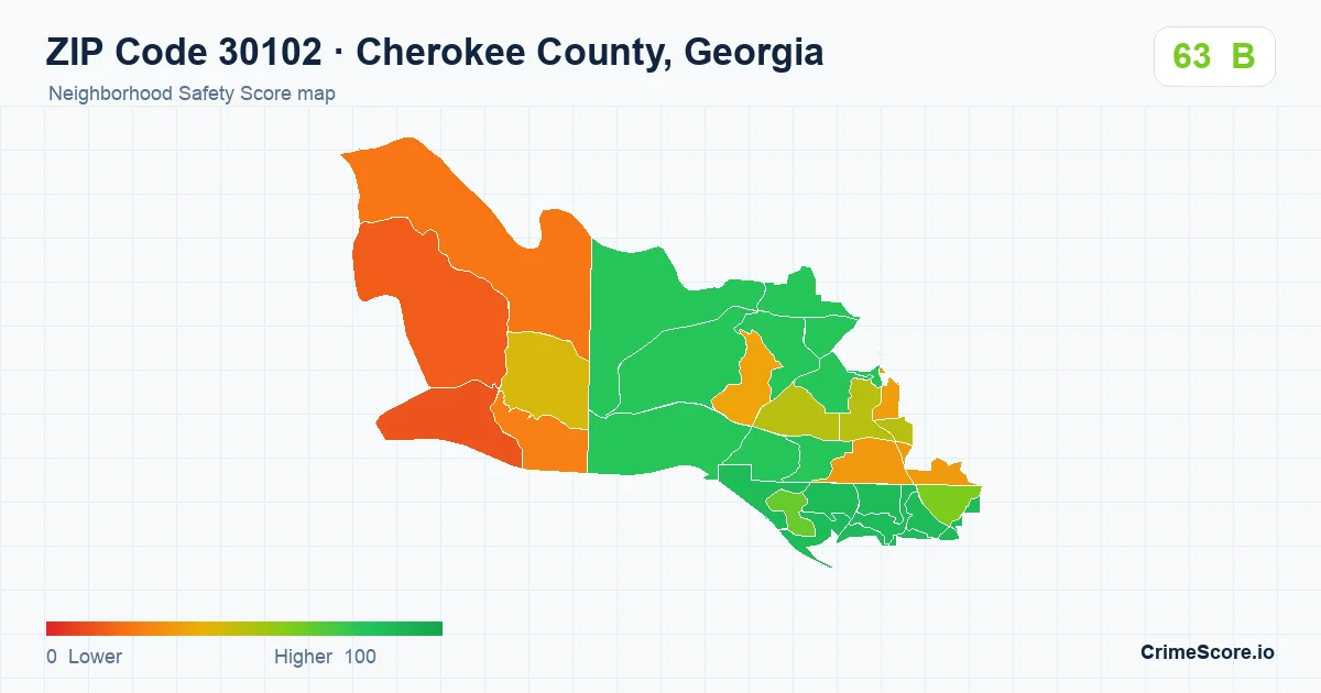ZIP Code 30102 in Cherokee County, Georgia neighborhood Safety Score map