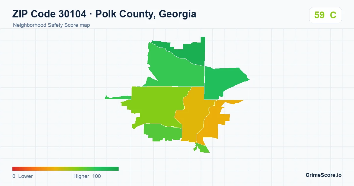 ZIP Code 30104 in Polk County, Georgia neighborhood Safety Score map