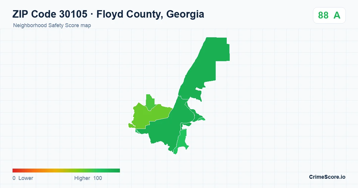 ZIP Code 30105 in Floyd County, Georgia neighborhood Safety Score map