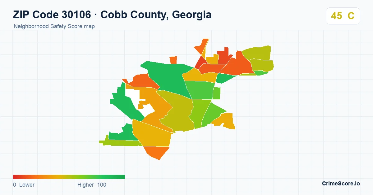 ZIP Code 30106 in Cobb County, Georgia neighborhood Safety Score map