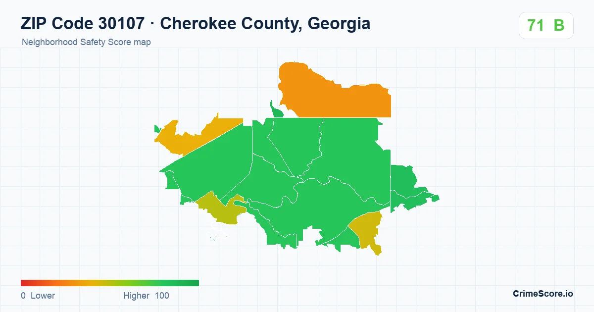 ZIP Code 30107 in Cherokee County, Georgia neighborhood Safety Score map