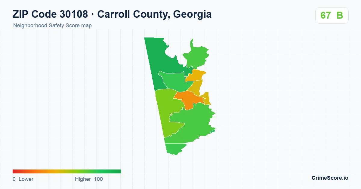 ZIP Code 30108 in Carroll County, Georgia neighborhood Safety Score map