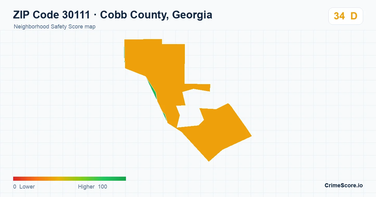 ZIP Code 30111 in Cobb County, Georgia neighborhood Safety Score map