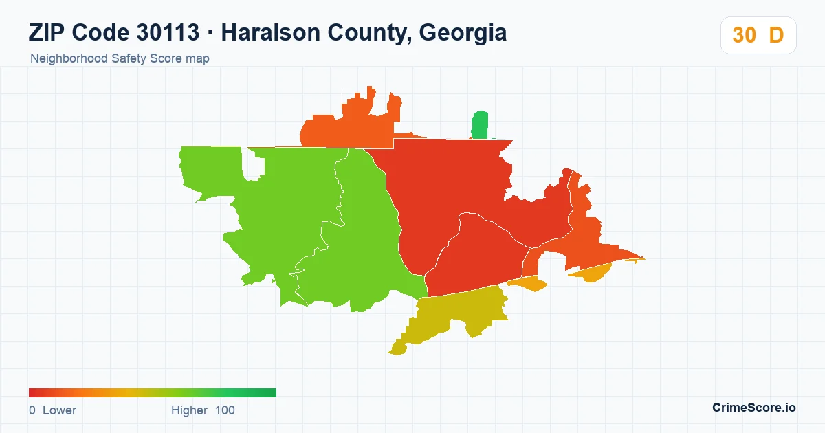 ZIP Code 30113 in Haralson County, Georgia neighborhood Safety Score map
