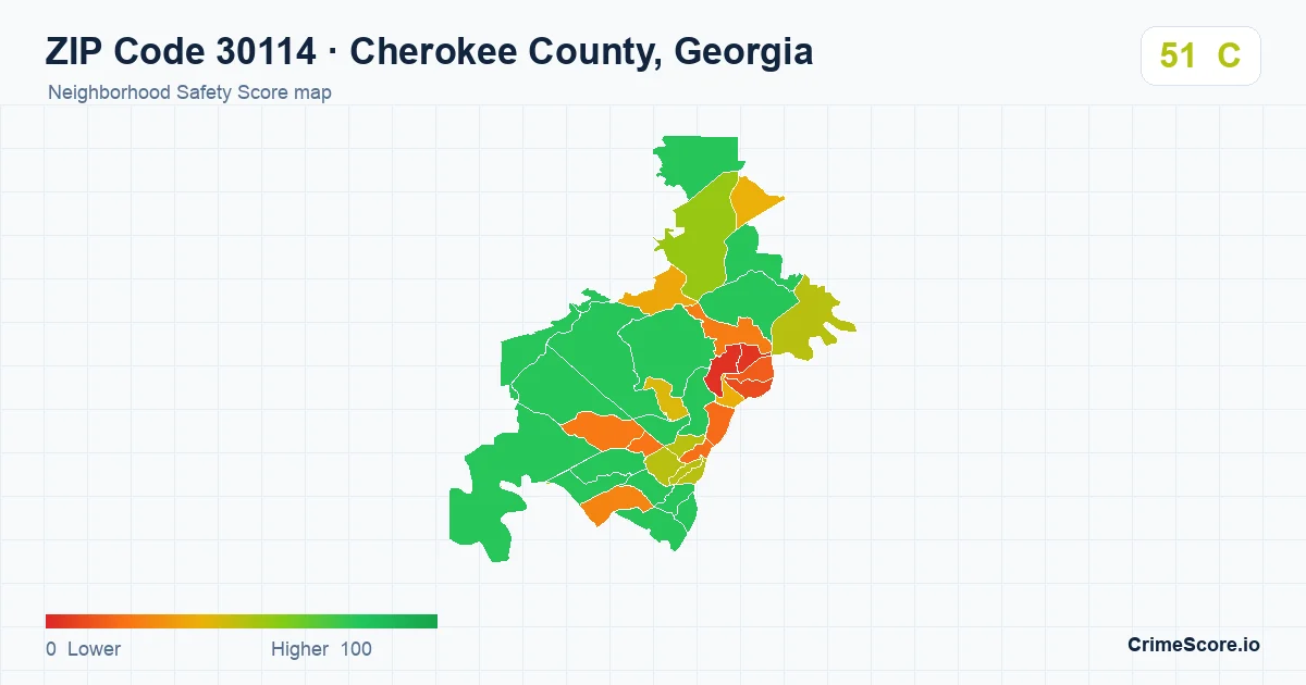 ZIP Code 30114 in Cherokee County, Georgia neighborhood Safety Score map